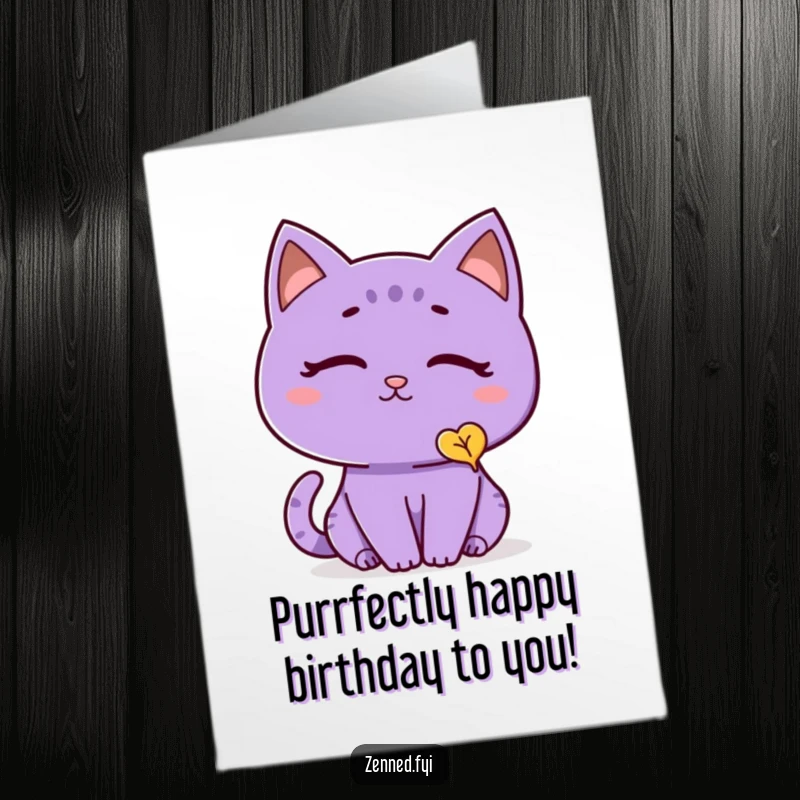 Funny Free Printable Birthday Card: Thoughtful purple cat with a peaceful look watches a single falling leaf.