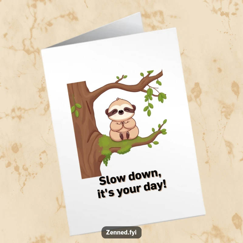 Funny Free Printable Birthday Card: A kawaii sloth meditating peacefully on a mossy branch, wishing a very slow and happy birthday.