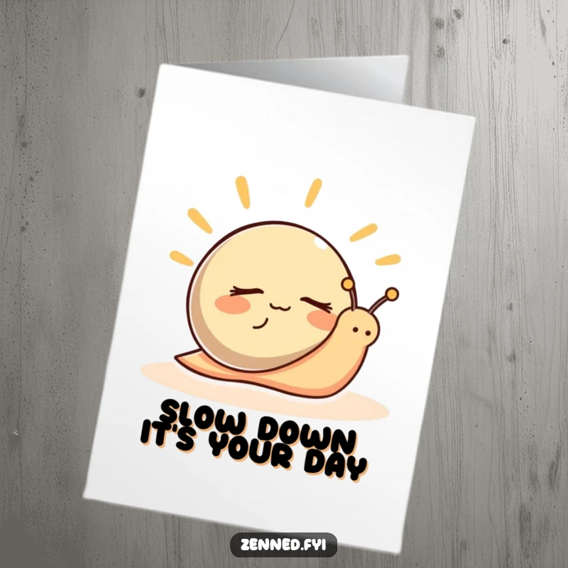 Funny Free Printable Birthday Card: a peaceful snail with closed eyes radiating calm, perfect for a humorous, slow-paced wish.