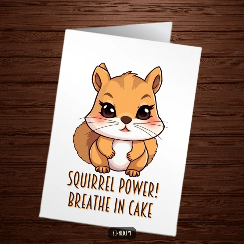 Funny Free Printable Birthday Card: Determined squirrel taking a slow, focused breath, radiating intense calm for a humorous celebration.