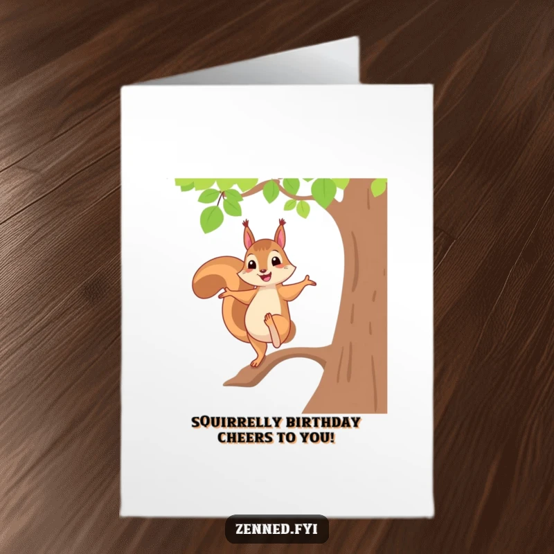 Funny Free Printable Birthday Card: Cheerful squirrel balances on one foot in tree pose, adding whimsical birthday humor.