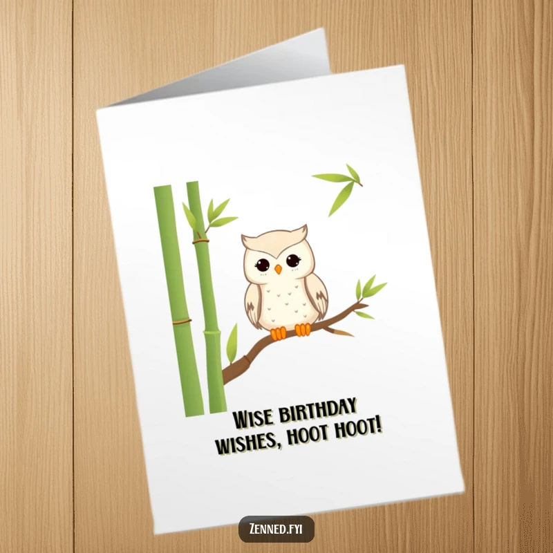 Funny Free Printable Birthday Card featuring a tranquil owl perched peacefully on a bamboo stalk.