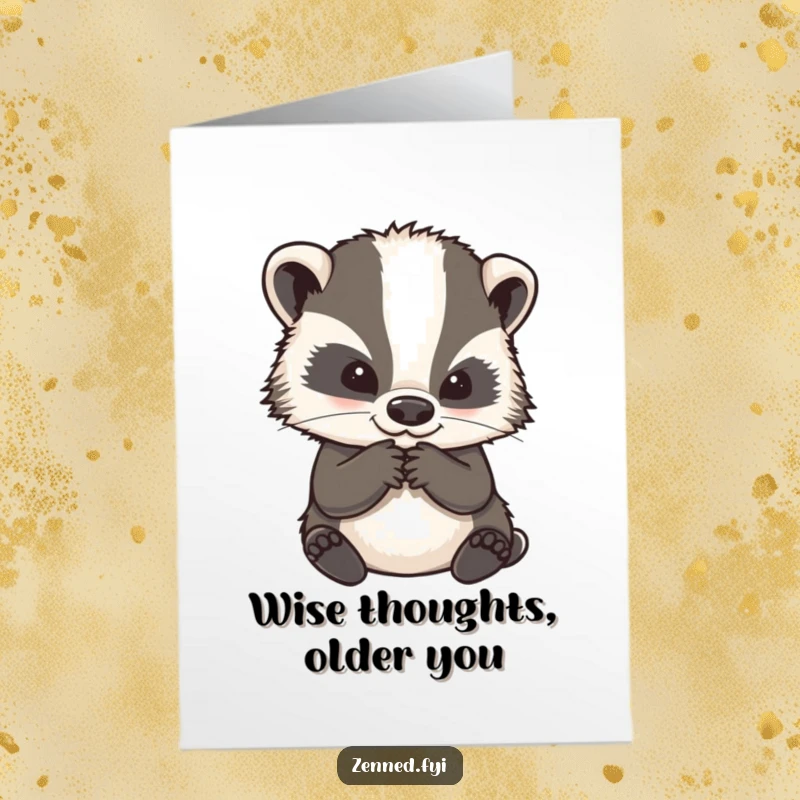 Funny Free Printable Birthday Card: Wise badger stroking chin in deep philosophical contemplation, a thoughtful and humorous greeting.