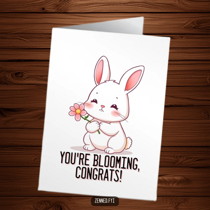 Funny Free Printable Congratulations Card: A serene rabbit tenderly holds a tiny flower, symbolizing growth and calm achievement.