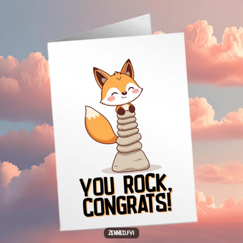 Funny Free Printable Congratulations Card: Cheerful fox balances stone cairns, symbolizing accomplishment and stability.