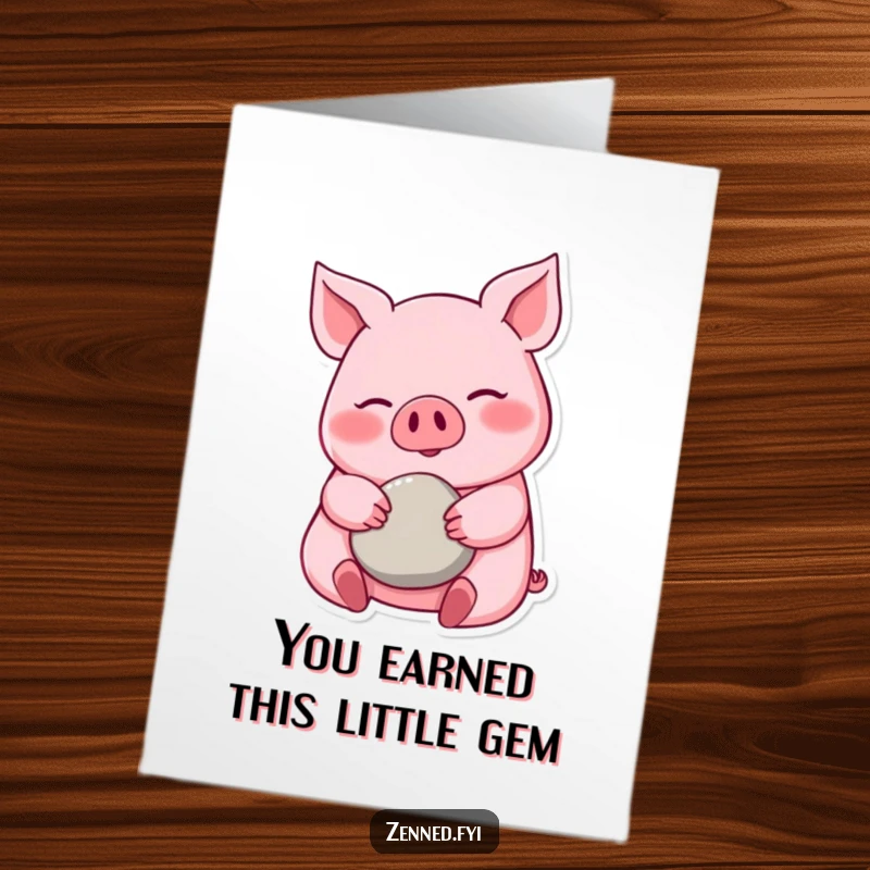 Funny Free Printable Congratulations Card: Pink Pig Smiling Calmly, Cradling a Small Smooth Pebble