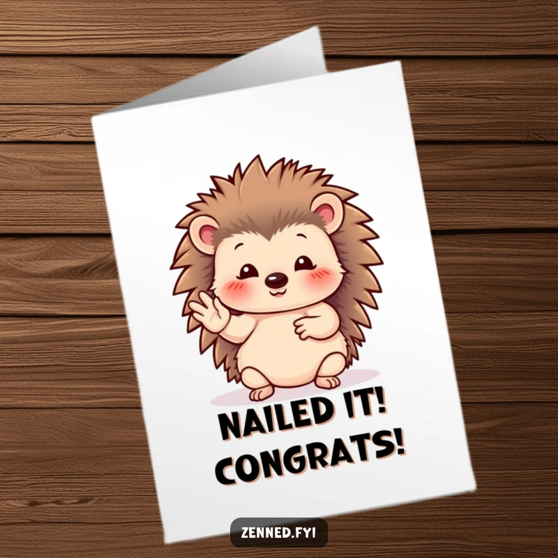 Funny Free Printable Congratulations Card: Hedgehog striking a suave hand gesture to celebrate your success.