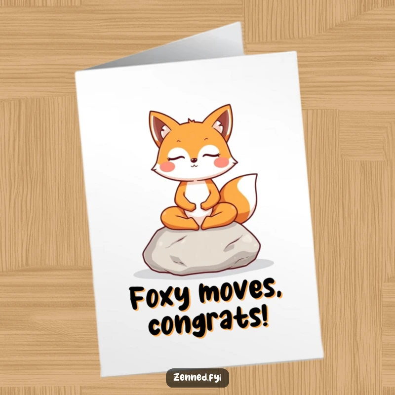 Free Printable Congratulations Card: A cheerful fox sits in meditation, embodying peaceful success.