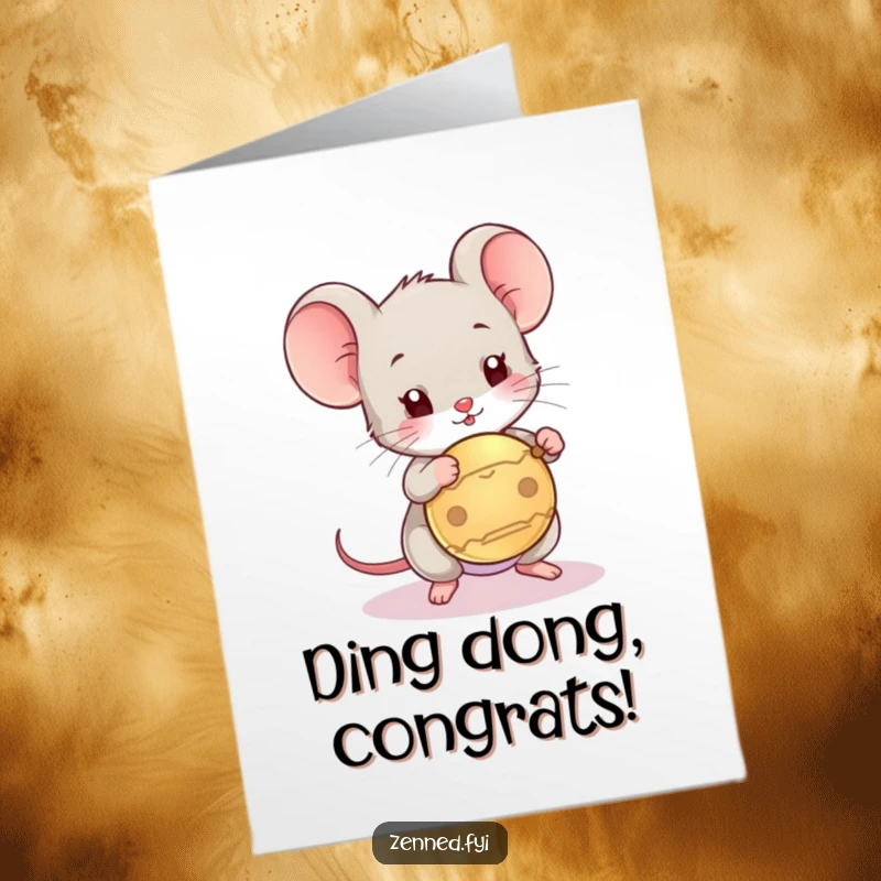 Funny Free Printable Congratulations Card: Playful mouse enthusiastically tapping a gong, celebrating a big win with a cheerful sound.