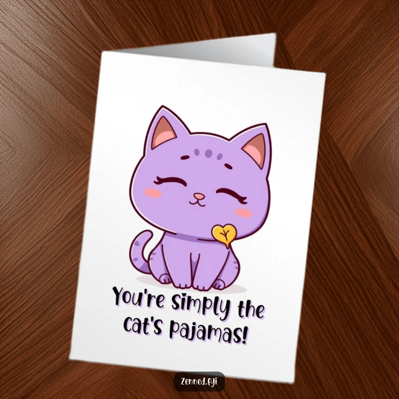 Funny Free Printable Congrats Card: A peaceful purple cat observing a single leaf gently falling, conveying thoughtful congrats.