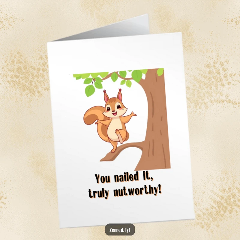 Funny Free Printable Congrats Card: Cheerful squirrel balances in tree pose, congratulating with playful, downloadable humor.