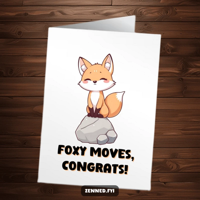 Free Printable Congratulations Card: Smiling fox in a calm, balanced posture on a rock, symbolizing success.