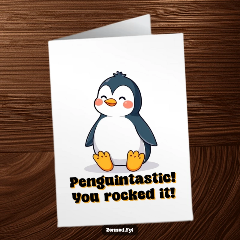 Free printable congratulations card featuring a proud penguin in a perfect meditative posture, symbolizing calm accomplishment.