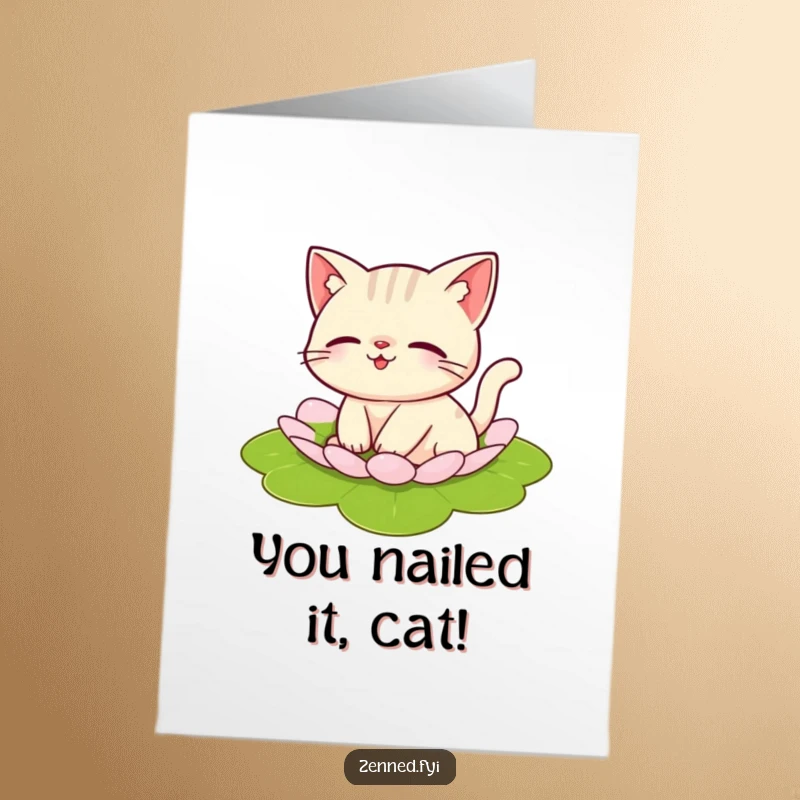 Free Printable Congratulations Card: Playful cat floating serenely on a lily pad, embodying calm achievement.
