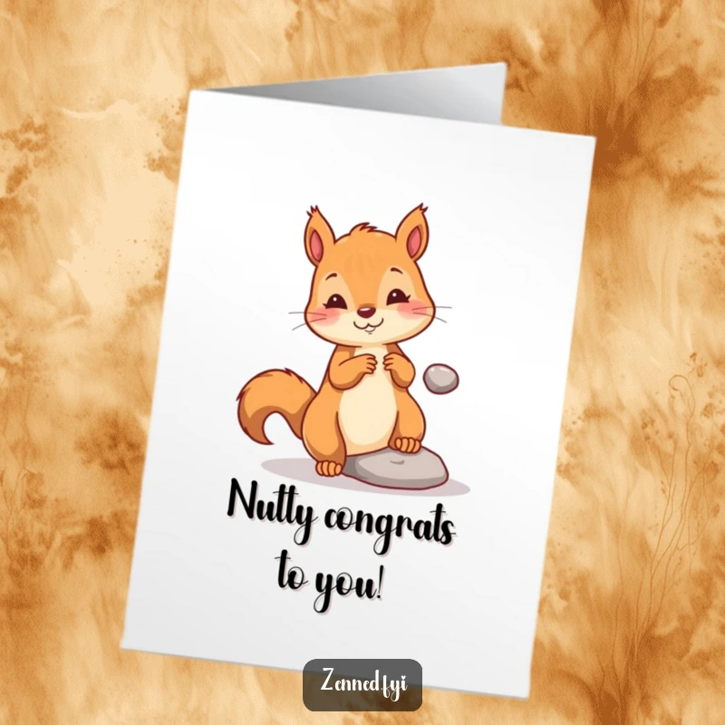 Free printable congratulations card with a playful squirrel gently levitating a small pebble, symbolizing achievement.