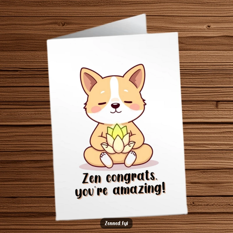 Funny Free Printable Congratulations Card showing a serene dog meditating with a tiny, happy lotus flower nearby.