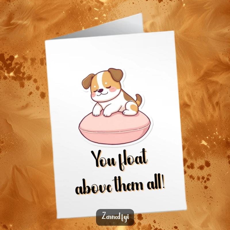 Funny Free Printable Congratulations Card: A happy dog hovers serenely above a cushion, signifying a successful and elevated achievement.