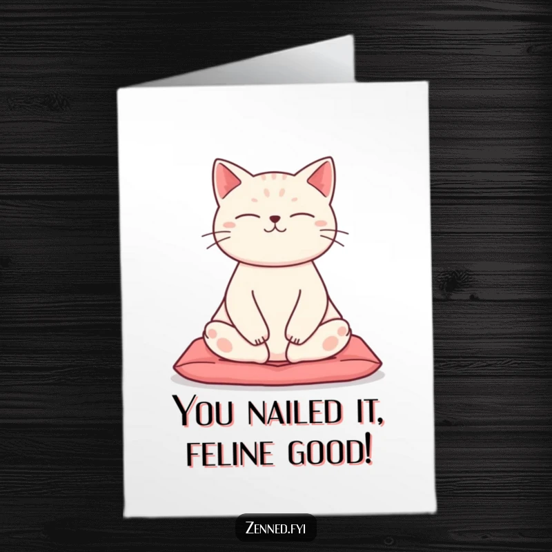 Funny Free Printable Cat Congratulations Card: Zen kitty in lotus pose, celebrating success with a smile, downloadable gift.