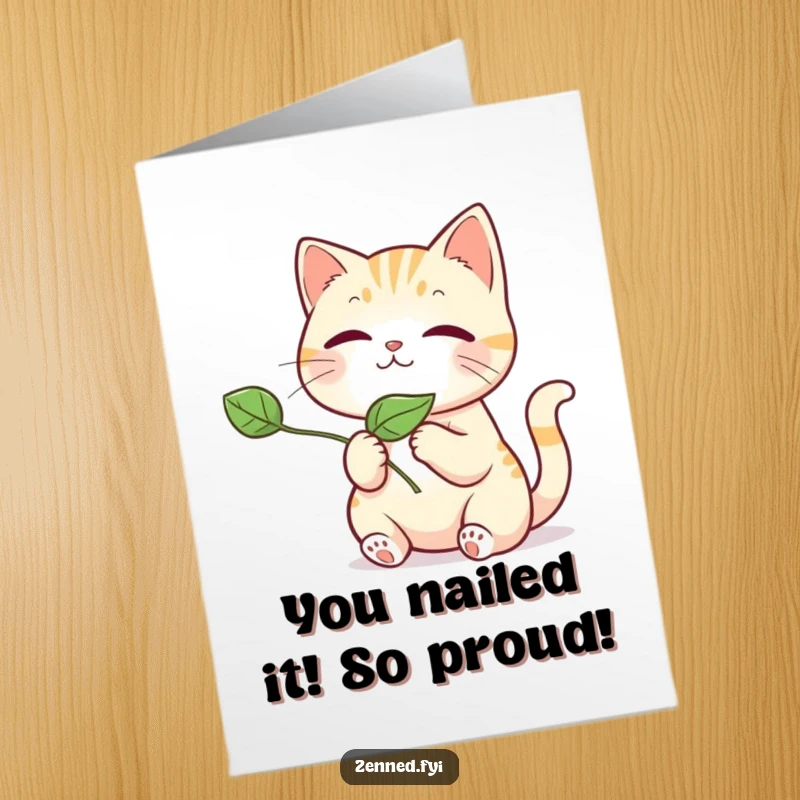 Free Printable Congratulations Card: Cute kawaii cat gently releases a floating leaf, symbolizing new beginnings and happy outcomes.