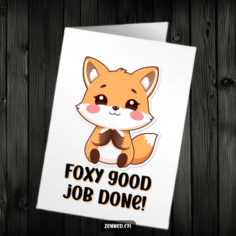 Funny Free Printable Kawaii Fox Congratulations Card: Calm fox with hands pressed, a serene and downloadable way to celebrate success.