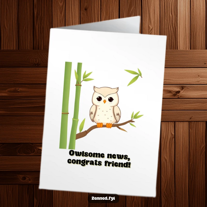 Funny Free Printable Congratulations Card showing a tranquil owl perched wisely on a bamboo stalk.