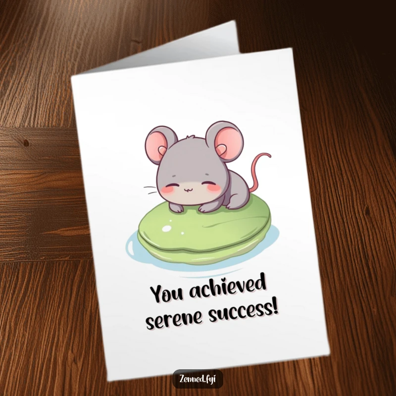 Funny Free Printable Congratulations Card: Grey Mouse Smiling Gently, Floating Serene on a Lily Pad