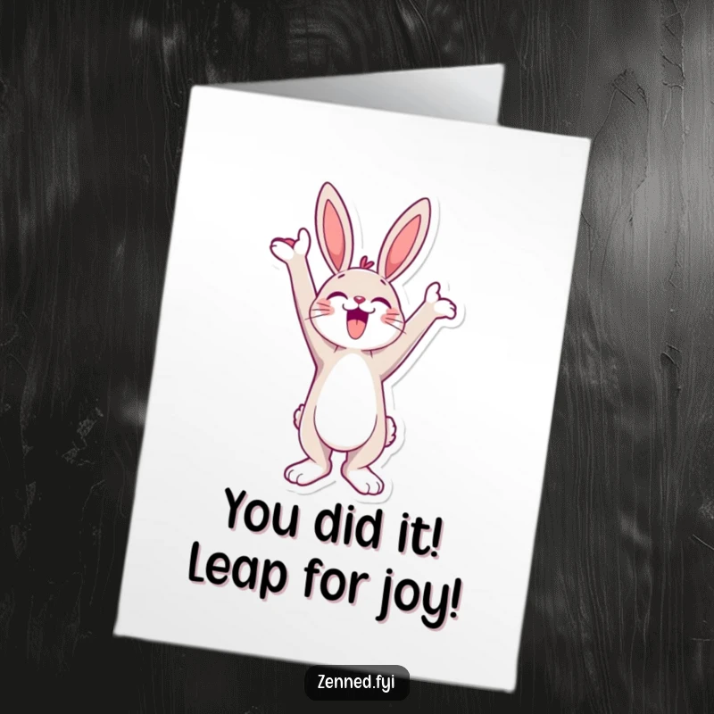 Funny Free Printable Congratulations Card: a jubilant bunny stretching towards the sky, celebrating achievement with energetic humor for your DIY gift.