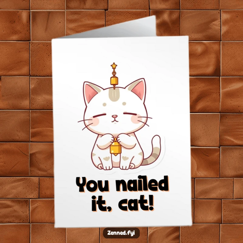 Funny Free Printable Congratulations Card: A serene cat character dangling a small bell overhead, representing focused success and calm.