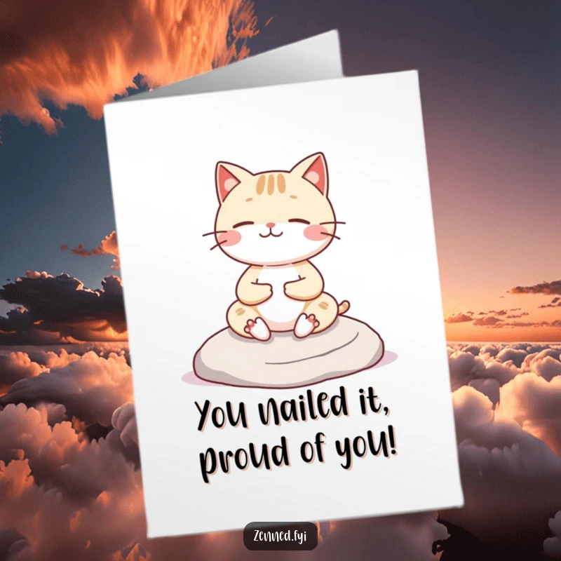 Funny free printable congratulations card with a cheerful Kawaii cat character meditating on a rock, symbolizing peaceful success.