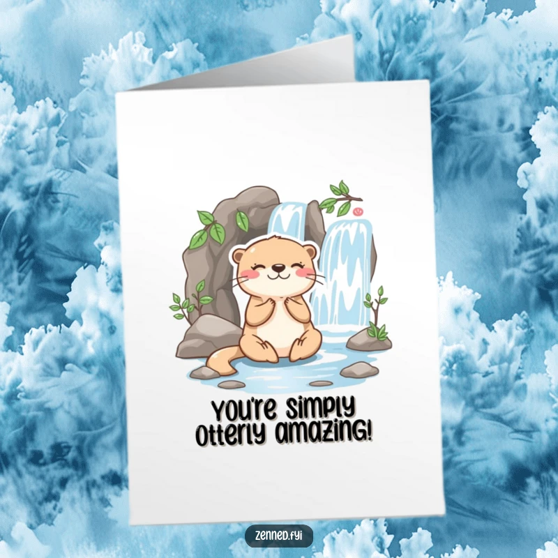 Funny Free Printable Congratulations Card: A playful otter character meditating peacefully beside a mini waterfall, embodying a tranquil success.