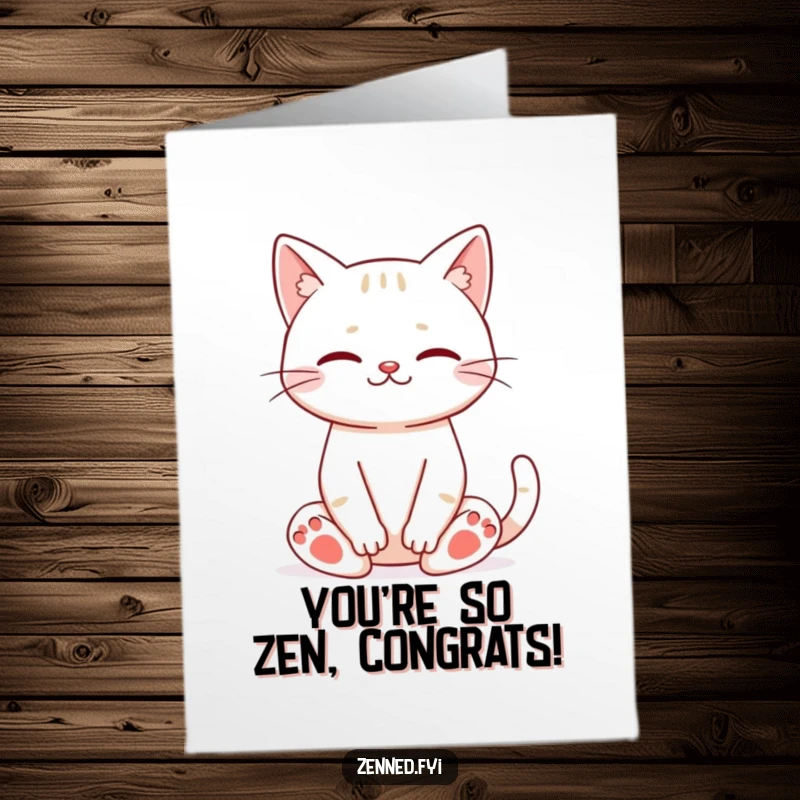 Funny Free Printable Congratulations Card: A blissfully meditating cat with closed eyes and a slight smile signifies serene success.