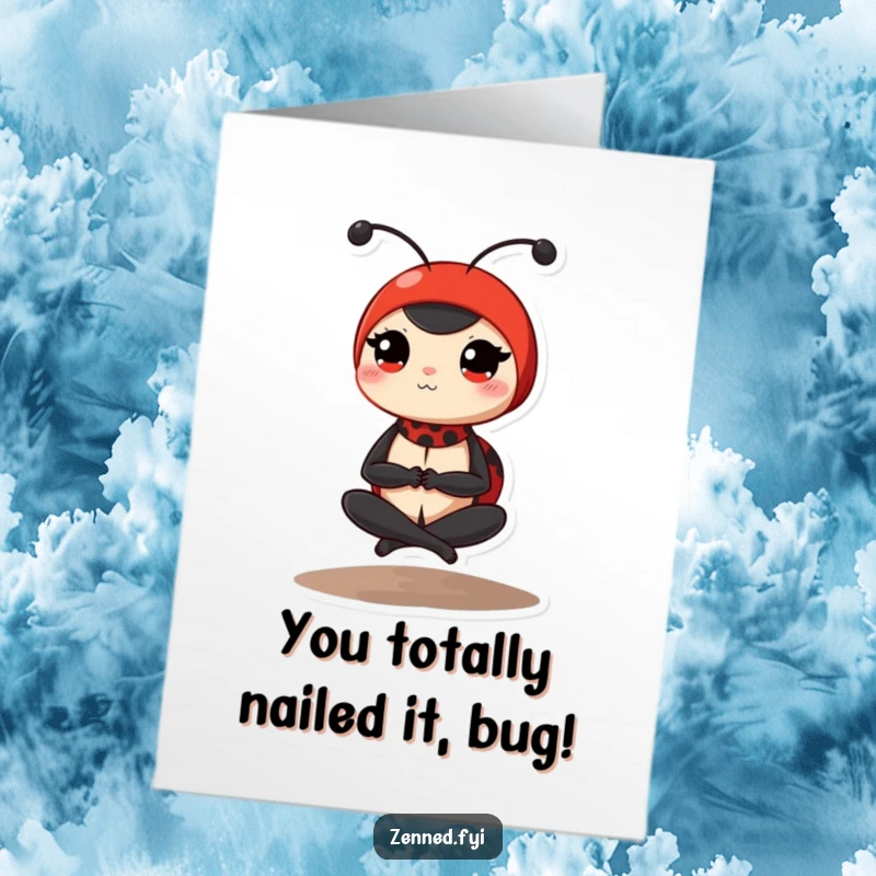 Funny Free Printable Congrats Card: Peaceful ladybug balancing perfectly, legs crossed, conveying calm achievement.