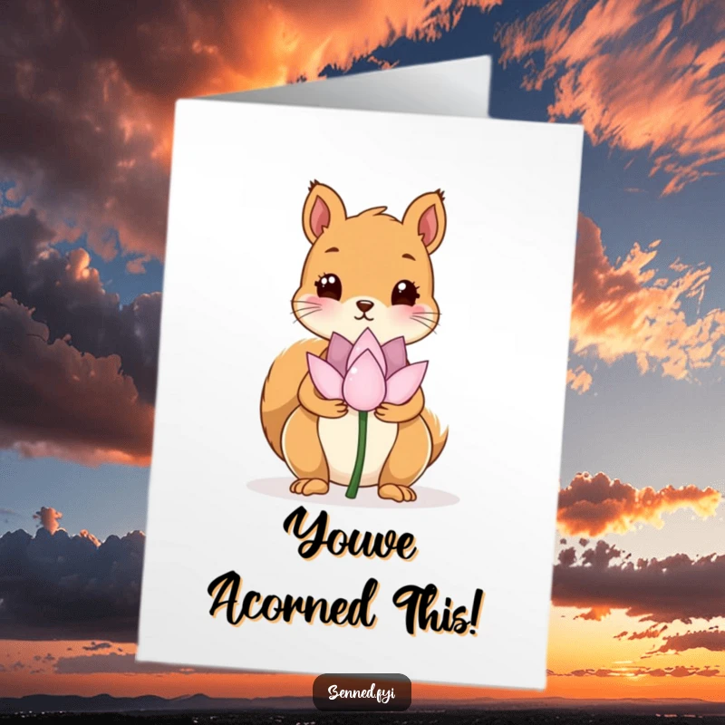 Funny Free Printable Congratulations Card: Kawaii squirrel holds a single, serene lotus flower, symbolizing peace.