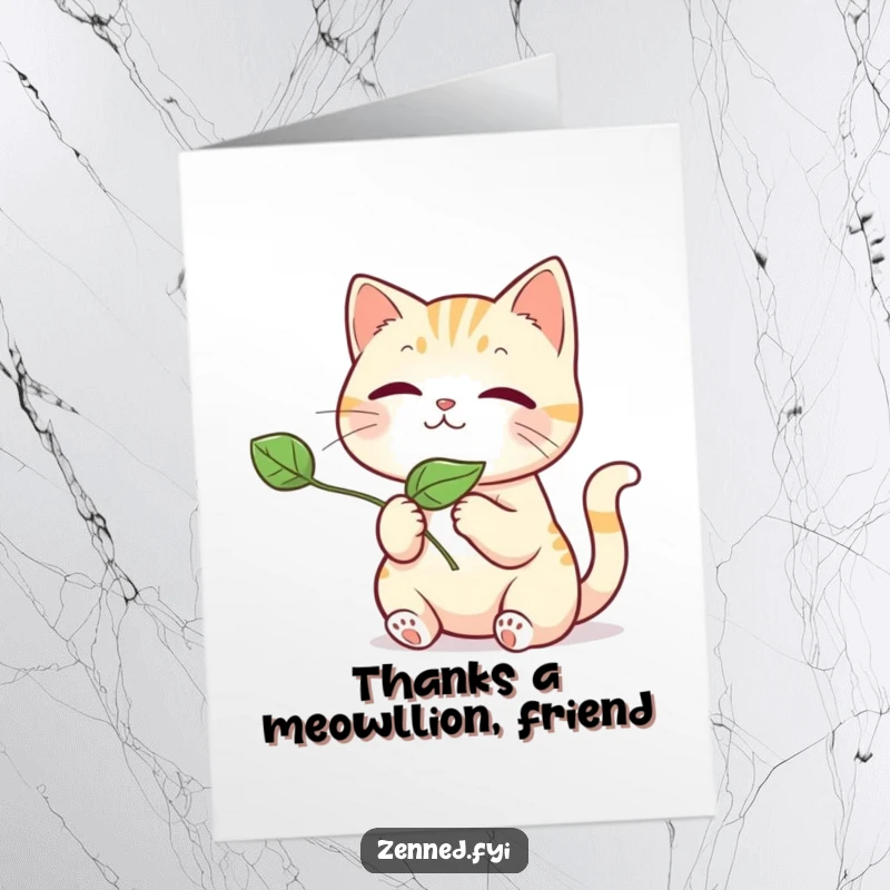 Funny Free Printable Thank You Card: Kawaii cat peacefully releases a floating leaf, expressing sincere gratitude with gentle charm.