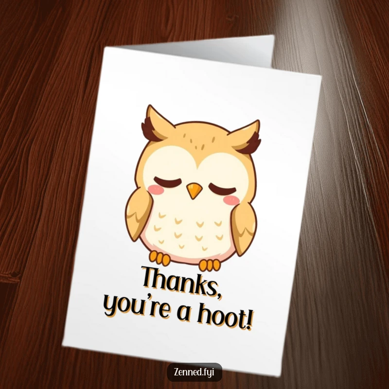 Funny Free Printable Kawaii Owl Thank You Card, breathing deeply, gentle smile, expressing calm gratitude.