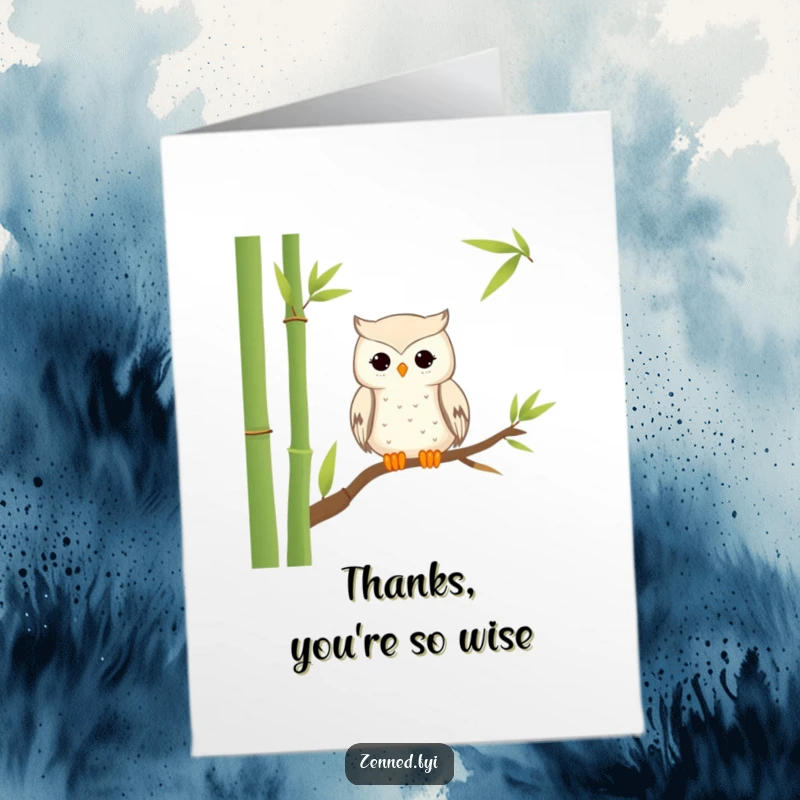 Funny Free Printable Thank You Card featuring a tranquil owl perched peacefully on a bamboo stalk.