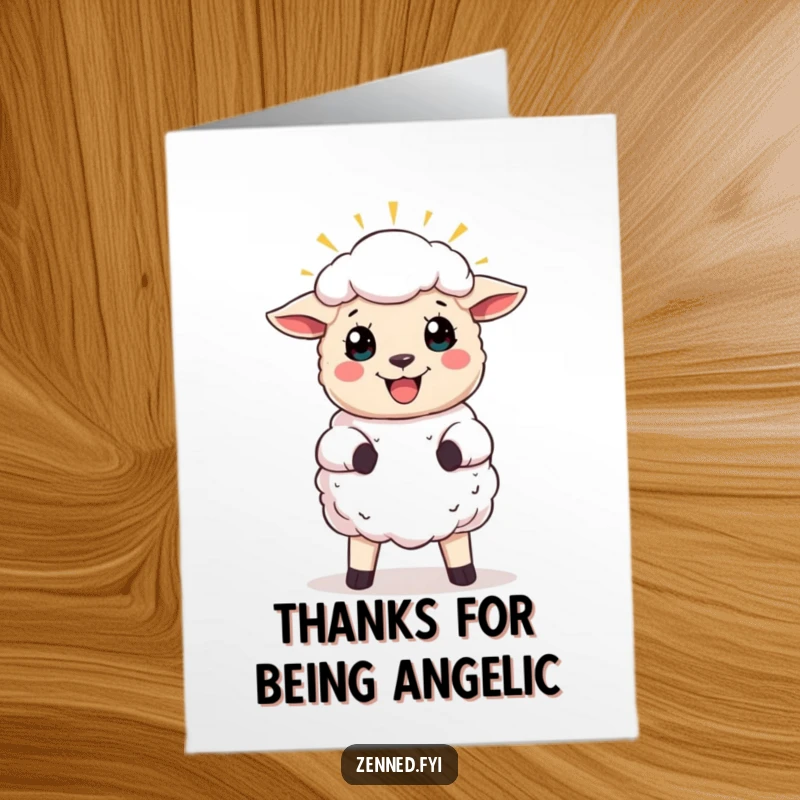 Funny Free Printable Sheep Thank You Card with a joyful sheep and halo, offering thanks with divine humor.