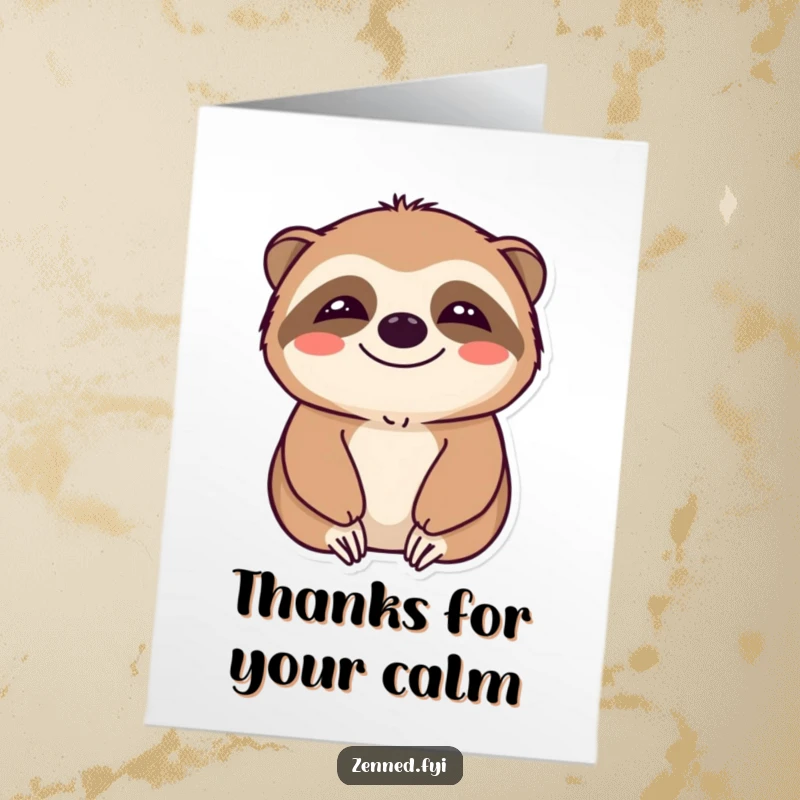 Funny Free Printable Sloth Thank You Card with a smiling, calm sloth, conveying thanks with gentle humor.