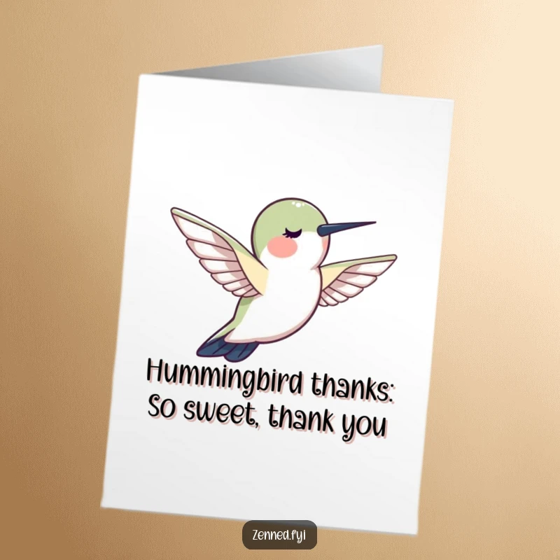 Funny Free Printable Thank You Card: A peaceful hummingbird hovers motionlessly, expressing calm, humorous gratitude.