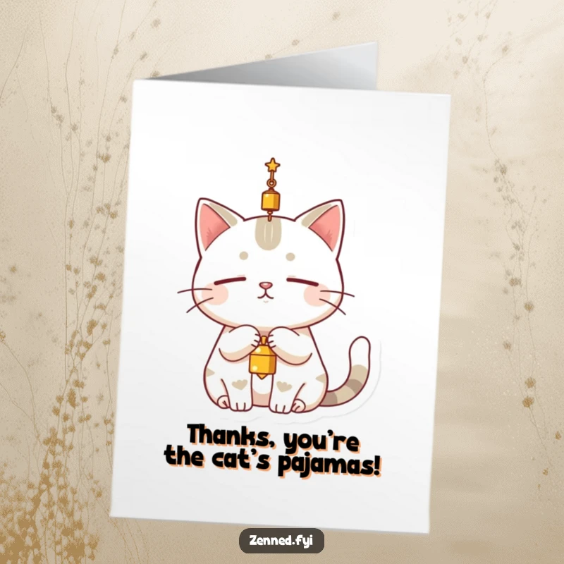 Funny Free Printable Thank You Card: A serene cat character perfectly still, dangling a small bell above its head, offering quiet gratitude.
