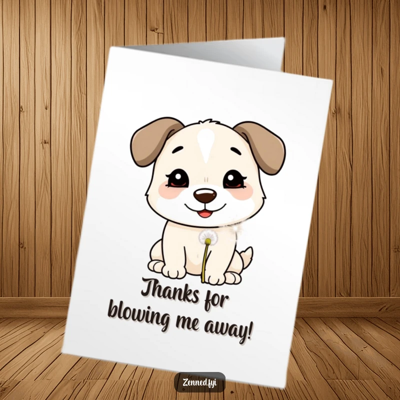 Funny Free Printable Thank You Card: A smiling dog gently blowing on a dandelion puff, a sweet downloadable thank you.