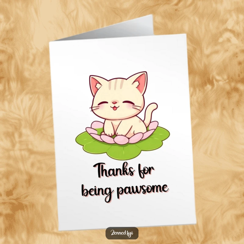 Free Printable Thank You Card: Playful cat relaxing on a lily pad, floating serenely with thanks.