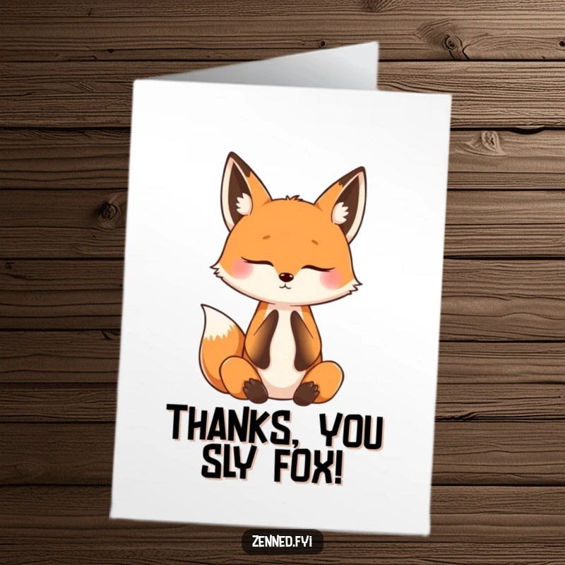 Funny free printable thank you card of a curious fox practicing mindful breathing with its eyes gently shut.