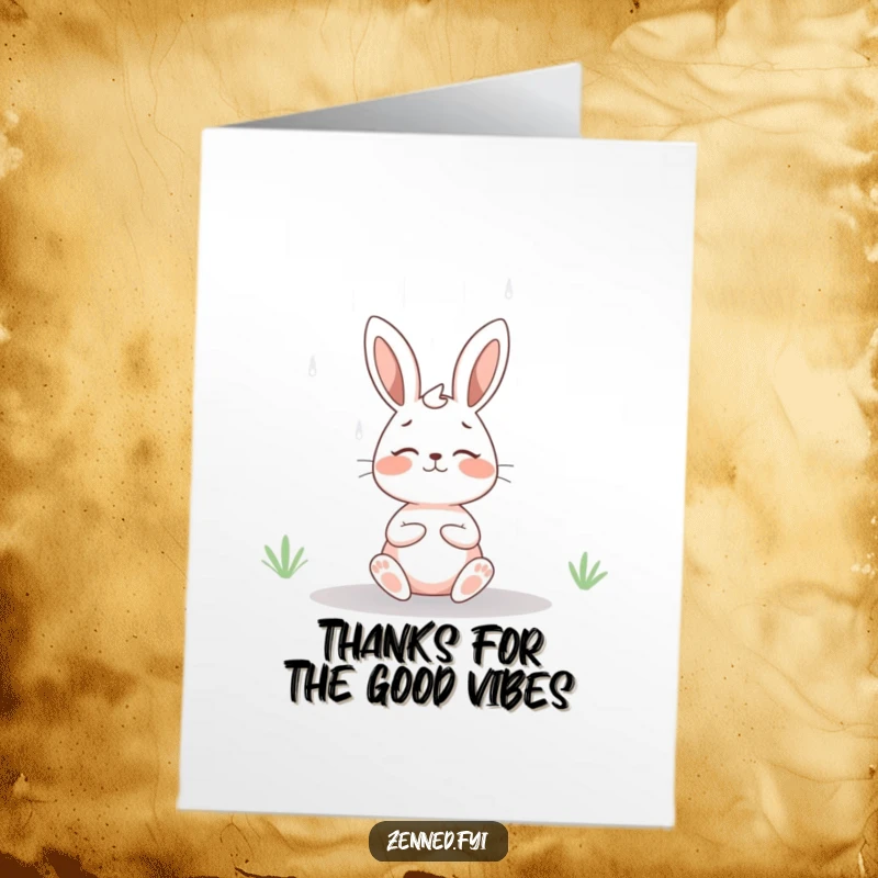 Free Printable Thank You Card: Cheerful rabbit meditating under soft rain, conveying peaceful gratitude.