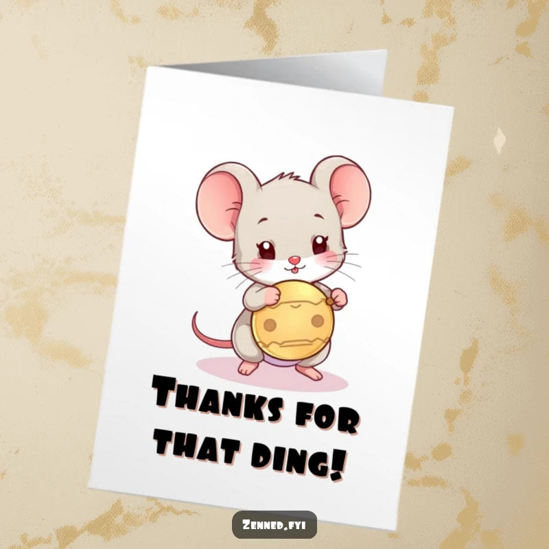 Funny Free Printable Thank You Card: Playful mouse tapping a gong, sending a cheerful sound of thanks and gratitude.