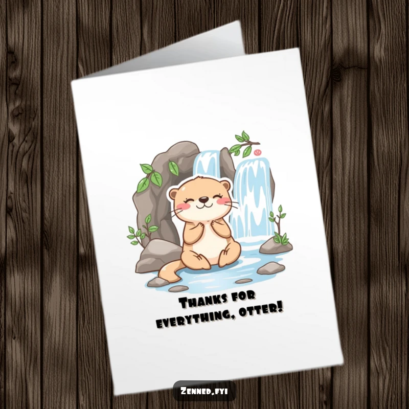 Funny Free Printable Thank You Card: A playful otter meditating happily next to a small flowing waterfall, conveying peaceful thanks.