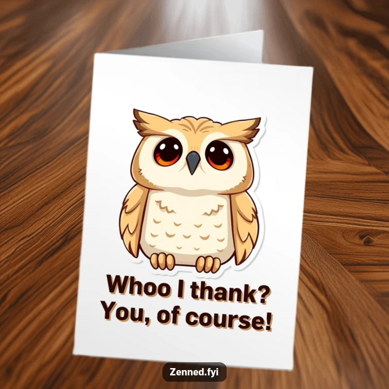 Funny Free Printable Thank You Card: Calm owl gazes upwards with understanding, offering thankful, downloadable wisdom.