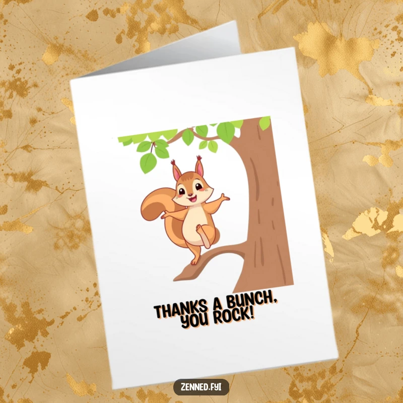 Funny Free Printable Thank You Card: Cheerful squirrel balances on one foot in tree pose, offering thankful, downloadable humor.