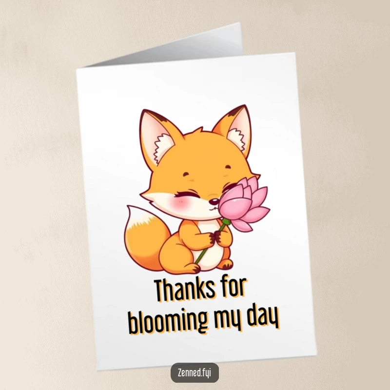 Funny Free Printable Thank You Card: Orange Fox with Tranquil Gaze Holding a Delicate Lotus Flower