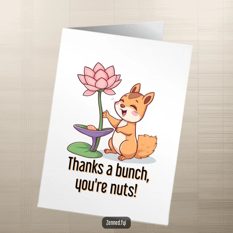 Funny Free Printable Thank You Card of a giggling squirrel reaching for a lotus, expressing heartfelt and humorous gratitude.